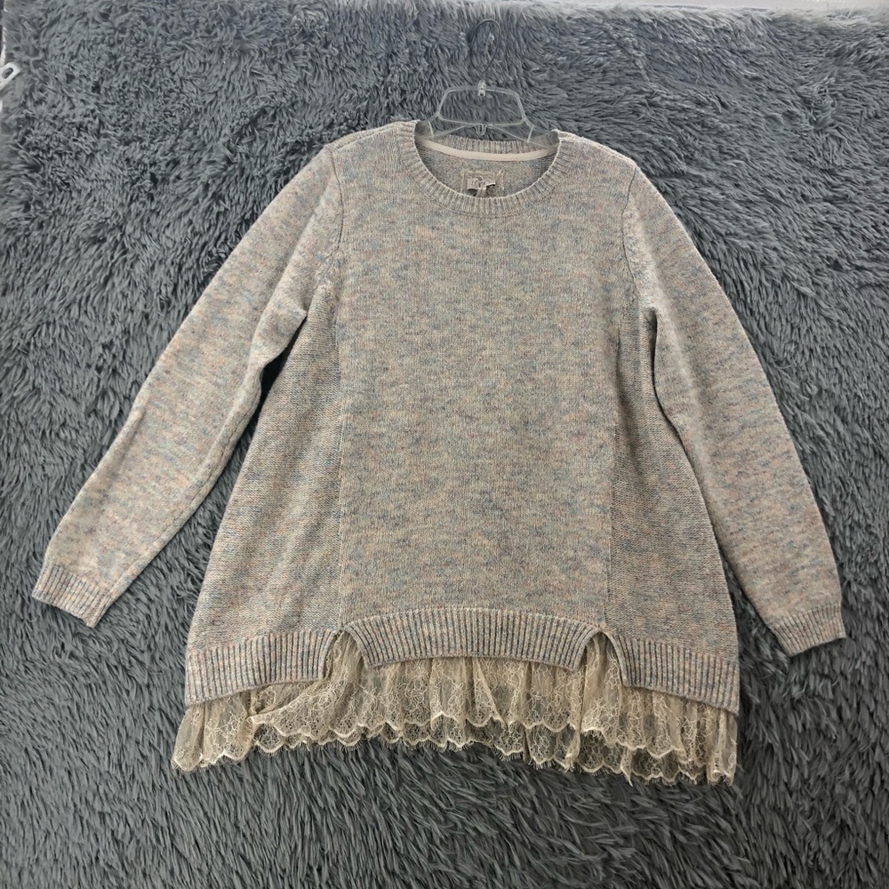 LOGO Lori Goldstein Sweater Womens Large Lace Hem Confetti Long Sleeve